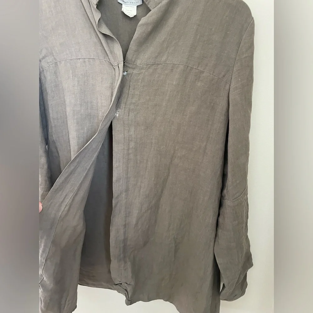 Sarah Pacini Italy 100% Linen Lagenlook Shirt Jacket Taupe S Granola Gorpcore - Picture 10 of 12